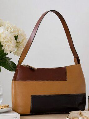 Y2K Colourblock Shoulder Bag Faux Leather Warm Tan Black Brown Minimalist Retro